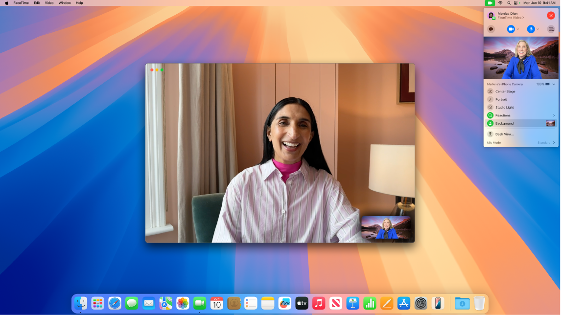 A FaceTime window showing video effects, including buttons to replace your background.