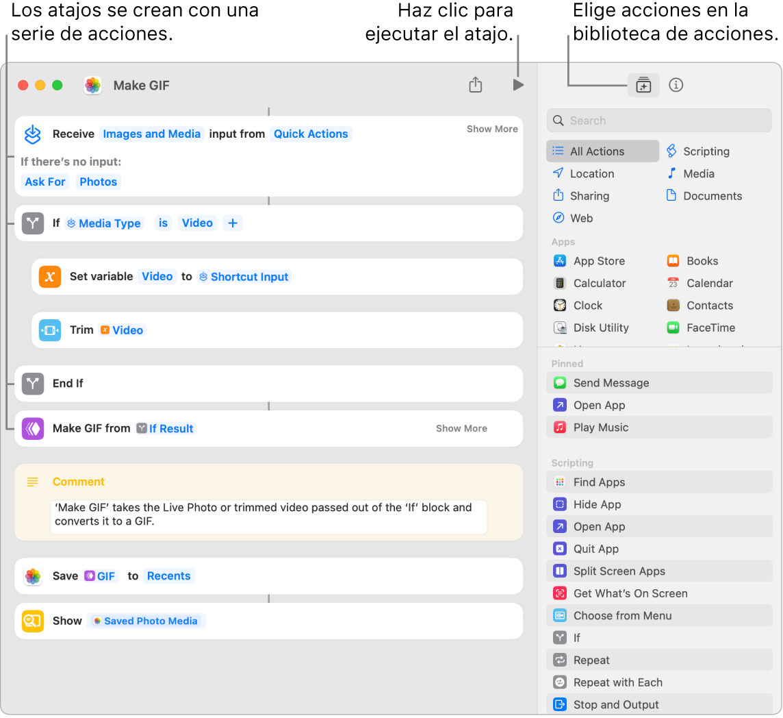 El editor de atajos Crear GIF en la parte izquierda y la biblioteca de acciones en la derecha.