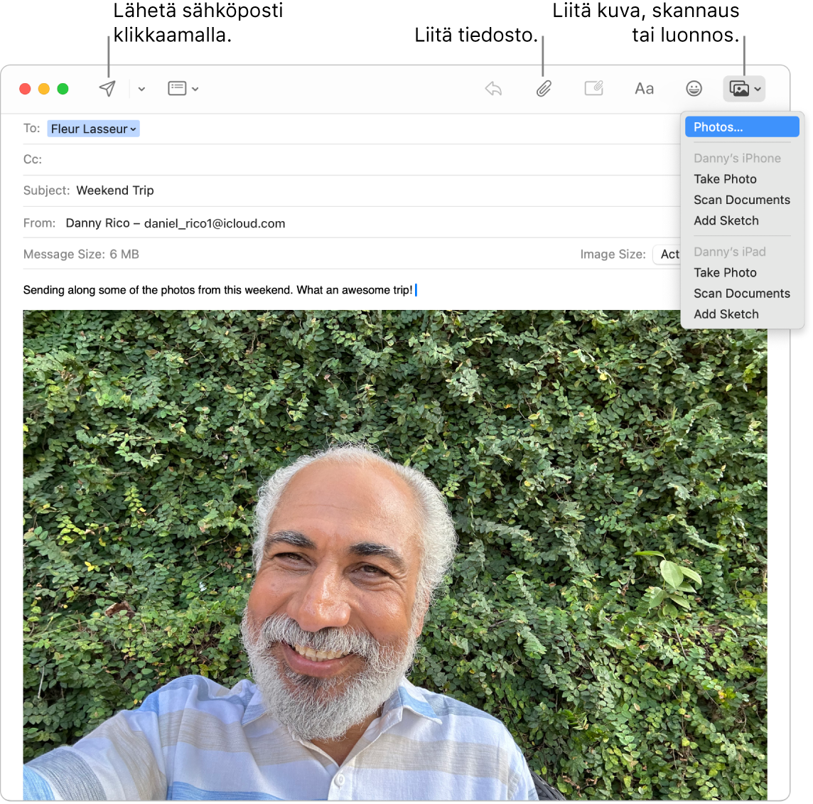 Mail-ikkuna, jossa kirjoitetaan uutta viestiä. Ponnahdusikkunan valikossa näkyvät vaihtoehdot, joilla voidaan liittää kuvia, ottaa kuva, skannata dokumentti tai lisätä luonnos Dannyn iPhonesta tai iPadista.