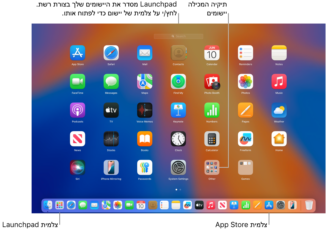 האייקון של Launchpad ב-Dock וחלון Launchpad פתוח ומציג יישומים שונים מסודרים בתצוגת רשת על מסך של Mac.