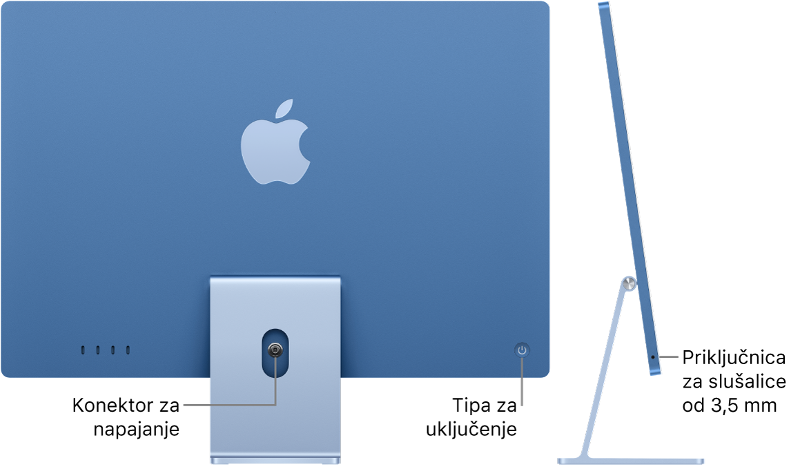 Prikaz stražnjeg dijela računala iMac koji prikazuje priključnicu za napajanje i tipku za uključenje. Pored je bočni prikaz s priključnicom za slušalice.