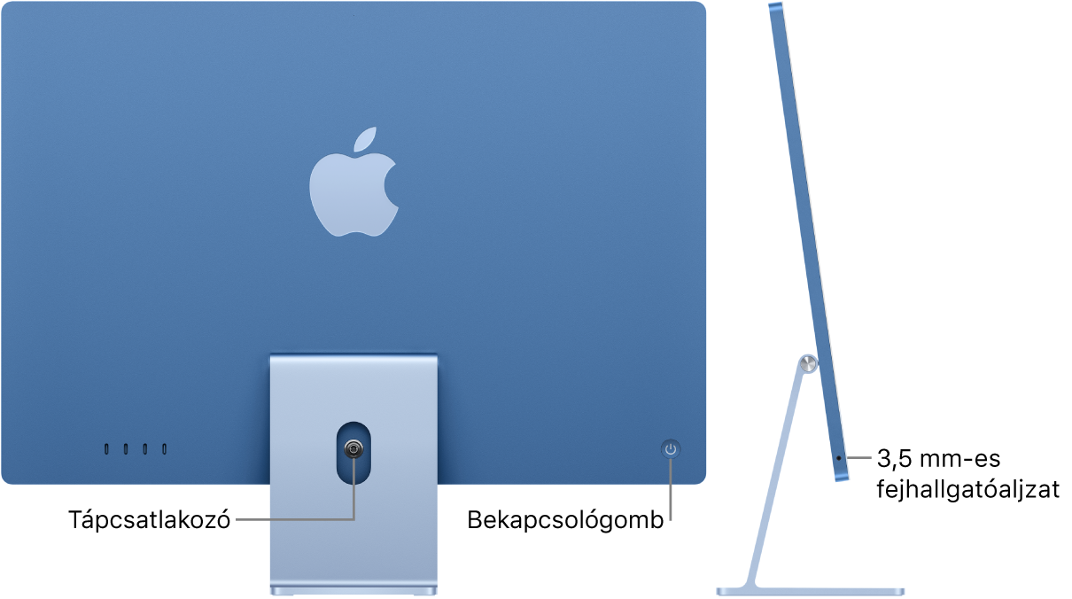 Egy iMac hátsó oldala, amelyen a tápcsatlakozó és a bekapcsológomb látható. Mellette egy oldalnézetben látható a fejhallgató aljzata.