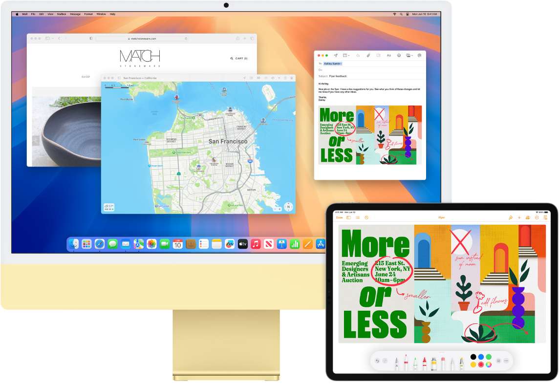 iMac dan iPad berdampingan. Layar iPad menampilkan pamflet dengan anotasi. Layar iMac memiliki pesan Mail dengan pamflet beranotasi dari iPad sebagai lampiran.