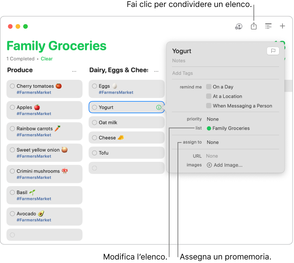 Una finestra dell’app Promemoria sul Mac con dettagli di un promemoria su una lista della spesa condivisa.