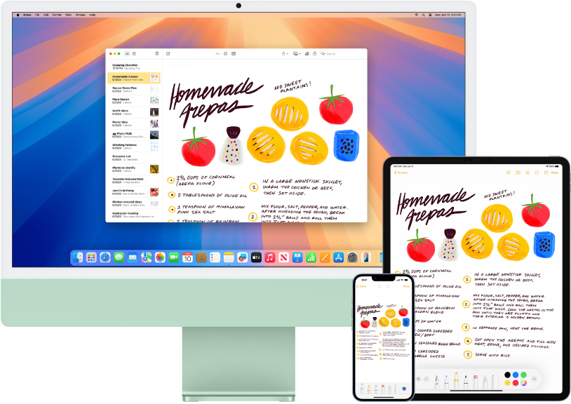 iMac, iPhone және iPad құрылғыларында көрсетілген Notes қолданбасындағы дүкен аралау тізімі.