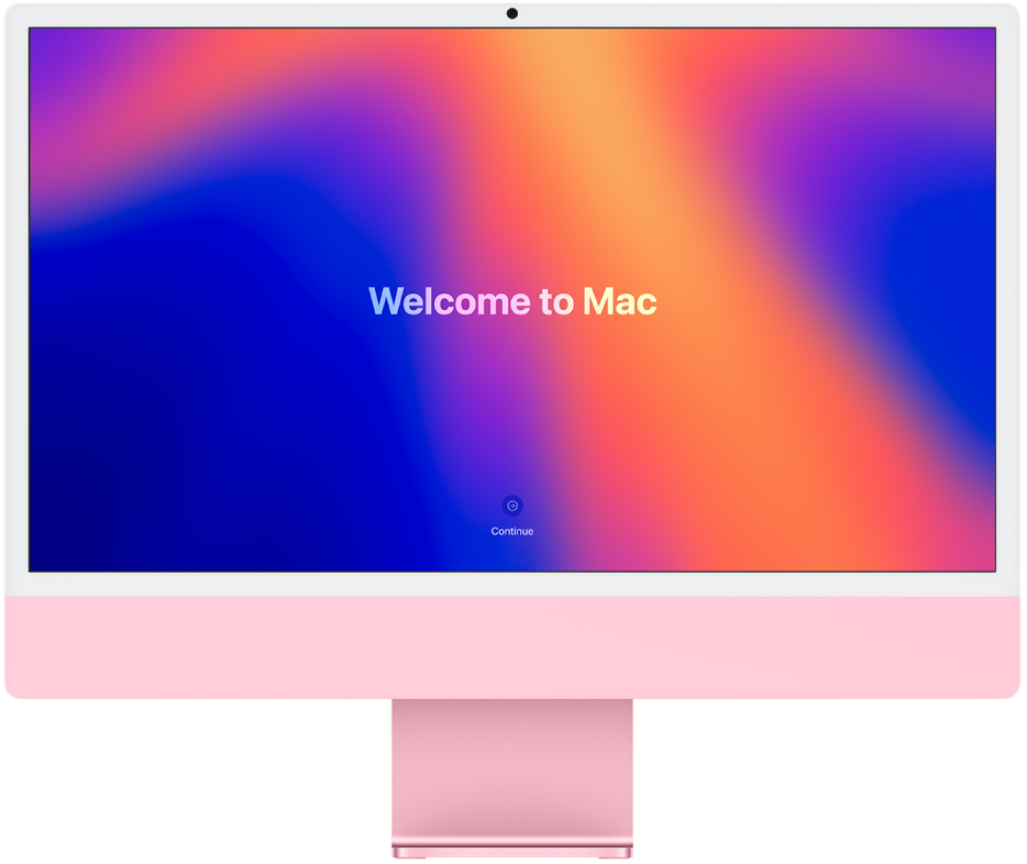 화면에 ’Mac 시작하기’를 표시하는 iMac.