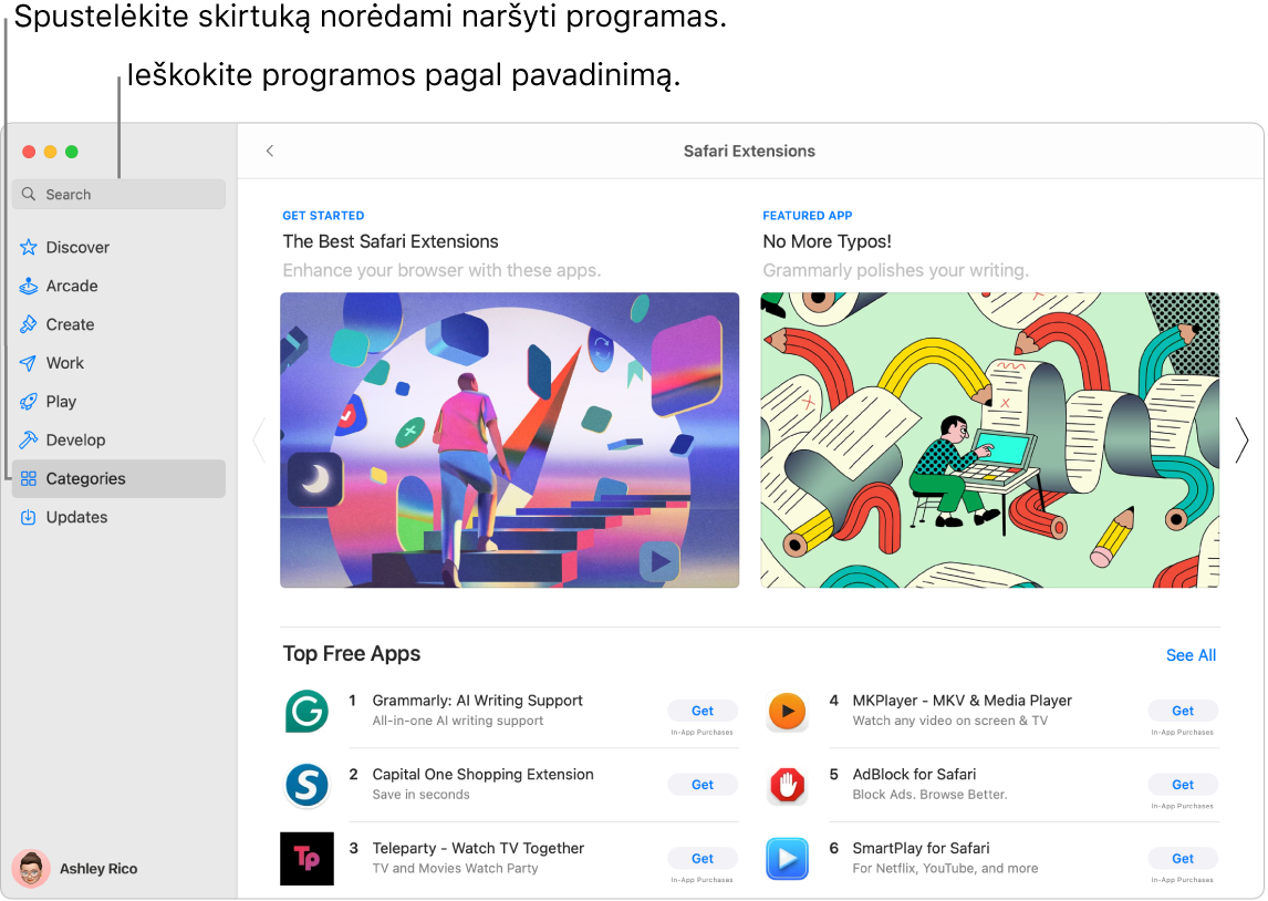 „App Store“ lange rodomi paieškos laukas ir puslapis „Safari Extensions“.