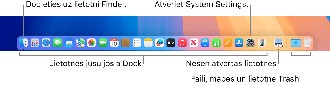 Josla Dock, kurā redzamas ikonas Finder un System Settings un sadalītājs, kas joslā atdala lietotnes no failiem un mapēm.