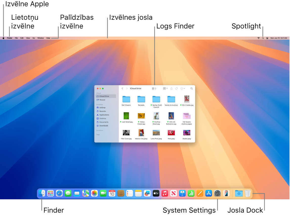 Mac datora ekrānā redzama Apple izvēlne, izvēlne App, izvēlne Help, Izvēlnes josla, logs Finder, ikona Spotlight, ikona Finder, ikona System Settings un josla Dock.