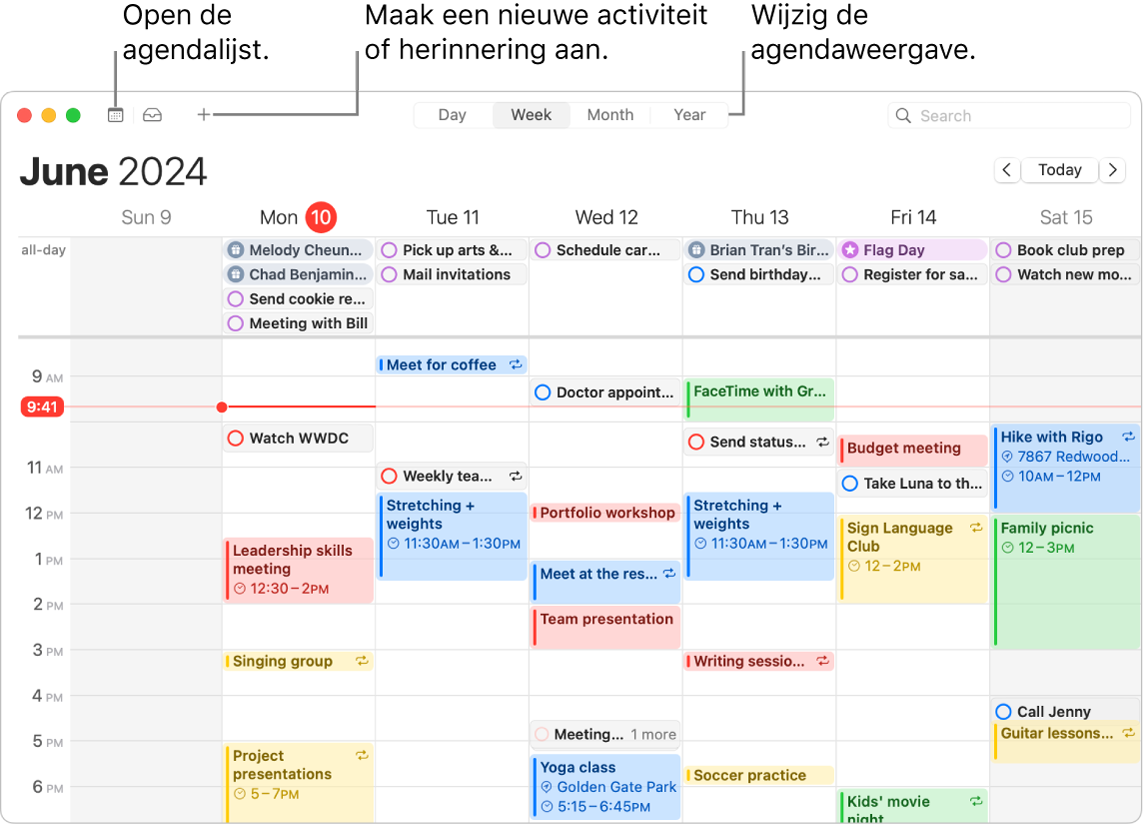 Een Agenda-venster met alle geplande activiteiten en herinneringen van de week. Pijlen wijzen naar de knoppen om de agendalijst weer te geven, een activiteit of herinnering aan te maken en de weergave te wijzigen in dag, week, maand of jaar.