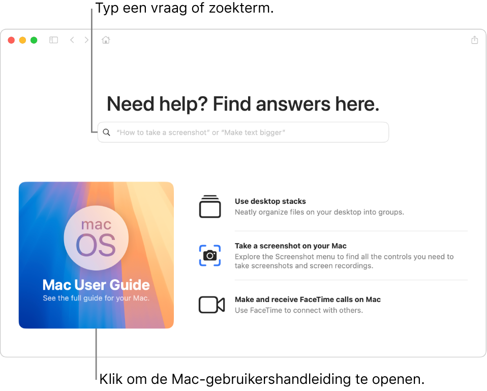 De startpagina van de Tips-app met de Mac-gebruikershandleiding, het zoekveld en voorgestelde onderwerpen.