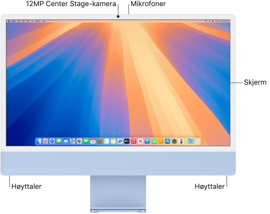 iMac vises forfra. Du ser skjermen, kameraet, mikrofonene og høyttalerne.