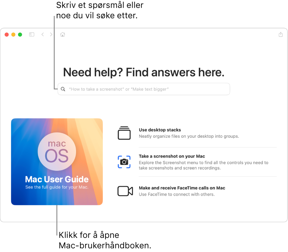 Landingssiden for Tips-appen viser Brukerhåndbok for Mac, søkefeltet og foreslåtte emner.