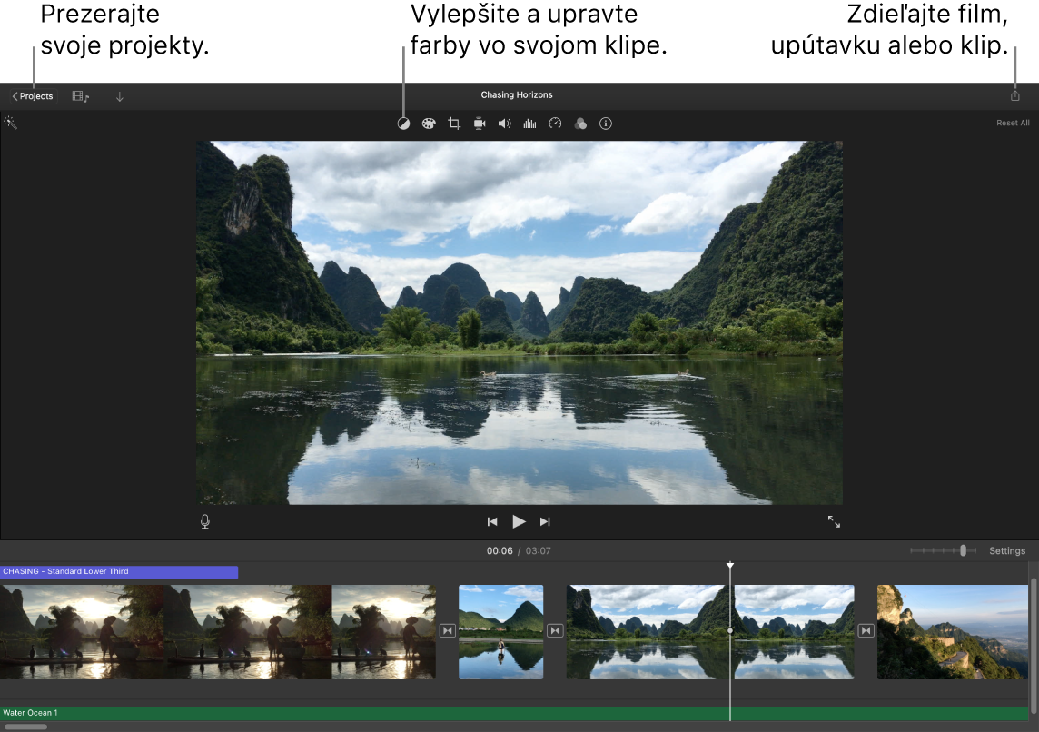 Okno aplikácie iMovie znázorňujúce tlačidlá na zobrazovanie projektov, opravu a úpravu farieb a zdieľanie filmu, upútavky alebo filmového klipu.