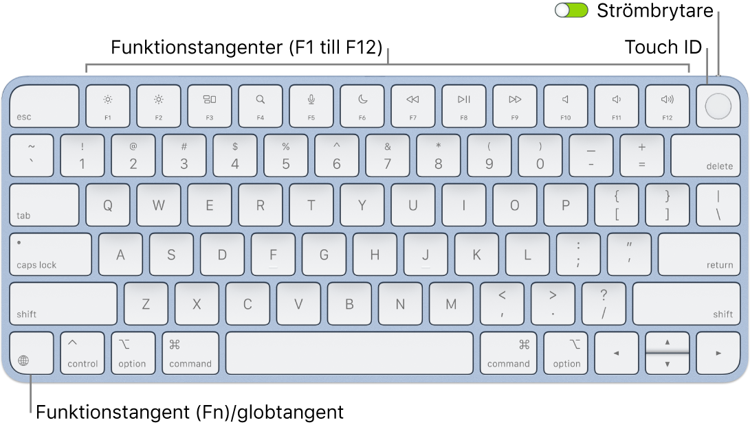 Magic Keyboard med Touch ID där raden med funktionstangenter och Touch ID visas längs överkanten och funktions (Fn)-/globtangenten i det nedre vänstra hörnet.