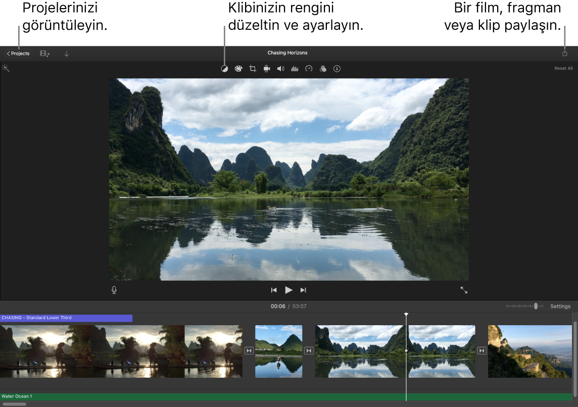Projeleri görüntüleme, renk düzeltme ve ayarlama ve filminizi, fragmanınızı veya film klibinizi paylaşma düğmelerini gösteren bir iMovie penceresi.