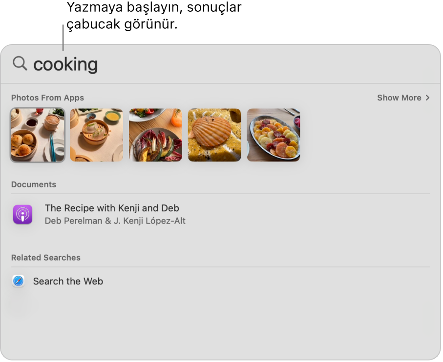 “At fotoğrafları” için arama sonuçlarını gösteren Spotlight penceresi.
