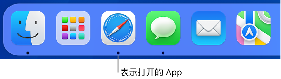 程序坞的一部分，显示打开的 App 下面的黑色圆点。