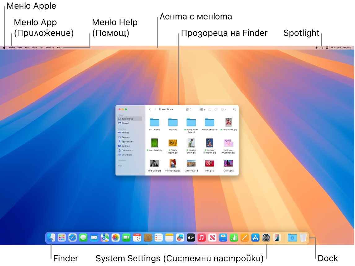 Екран на Mac, който показва меню Apple, менюто за приложения, менюто Help (Помощ), лентата с менюта, прозорец на Finder, иконката на Spotlight, иконката на Finder, иконката на System Settings (Системни настройки) и лентата Dock.