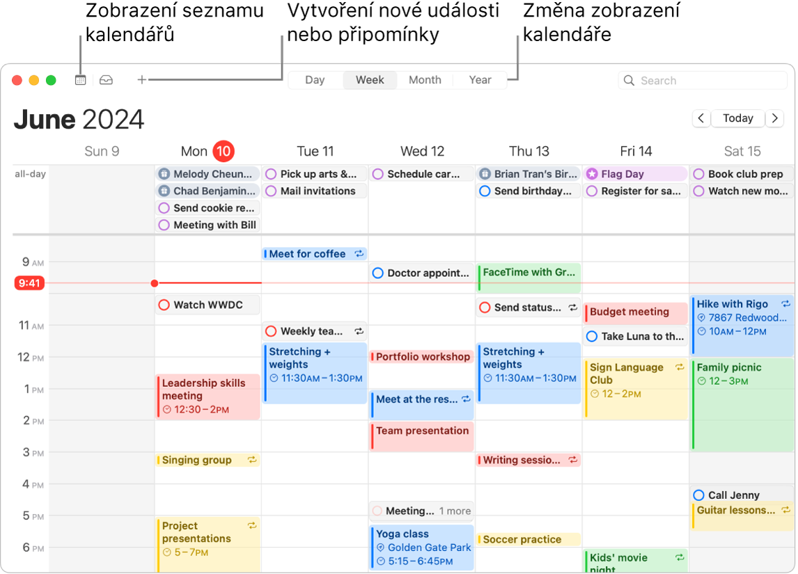 Okno aplikace Kalendář se všemi událostmi a připomínkami naplánovanými na týden. Šipky ukazující směrem k tlačítkům pro seznam kalendářů, vytváření událostí nebo připomínek a změnu zobrazení na Den, Týden, Měsíc nebo Rok.