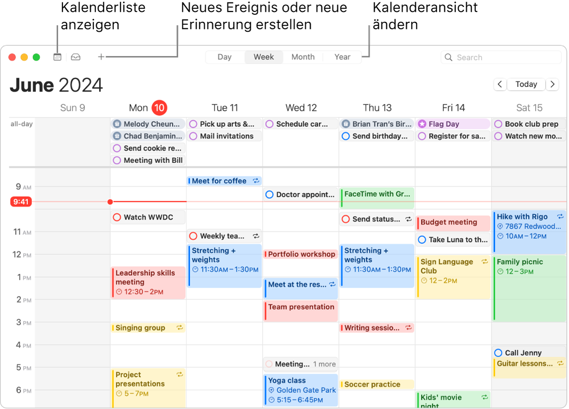 Ein „Kalender“-Fenster zeigt alle Ereignisse und Erinnerungen für die Woche an. Pfeile zeigen auf die jeweiligen Tasten zum Einblenden der Kalenderliste, zum Erstellen eines Ereignisses oder einer Erinnerung und zum Ändern der Tages-, Wochen-, Monats- oder Jahresansicht.