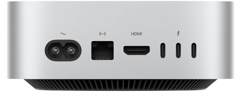 The back view of Mac mini and its various ports.