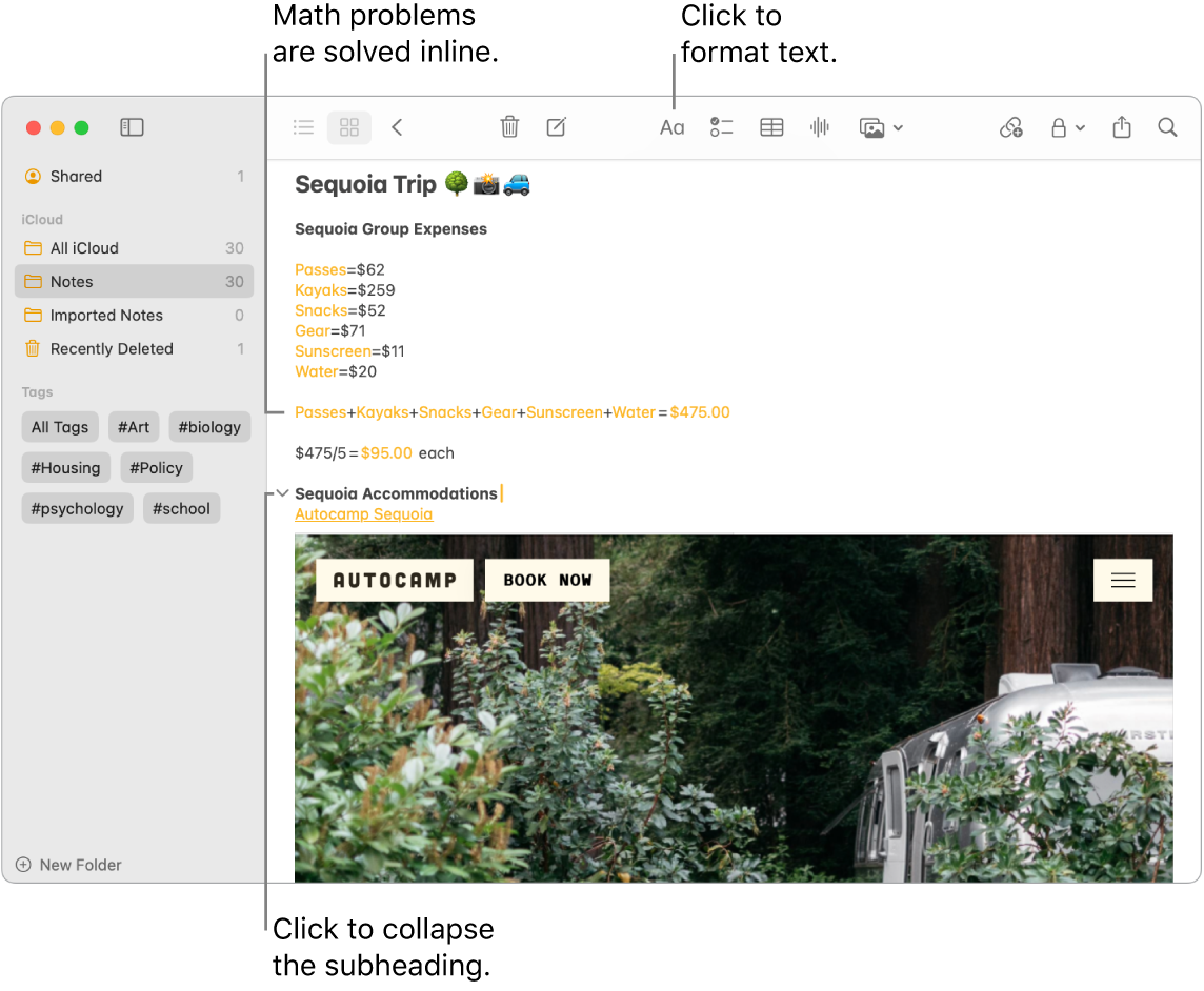 A Notes app window showing calculations for Sequoia Camp expenses, a text link to a website, and a picture of the accommodations.