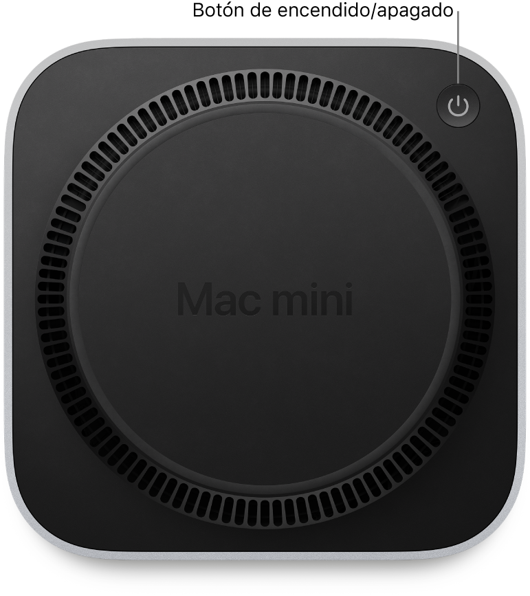 La parte inferior de la Mac mini mostrando el botón de encendido.