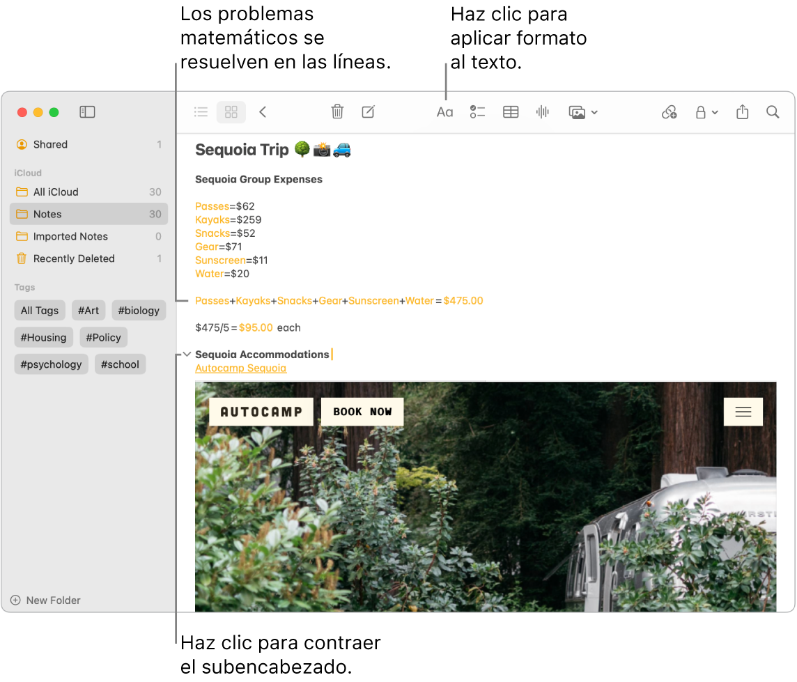 Una ventana de la app Notas mostrando cálculos de los gastos del campamento en el parque de las Secuoyas, un enlace de texto a un sitio web y una foto del alojamiento.