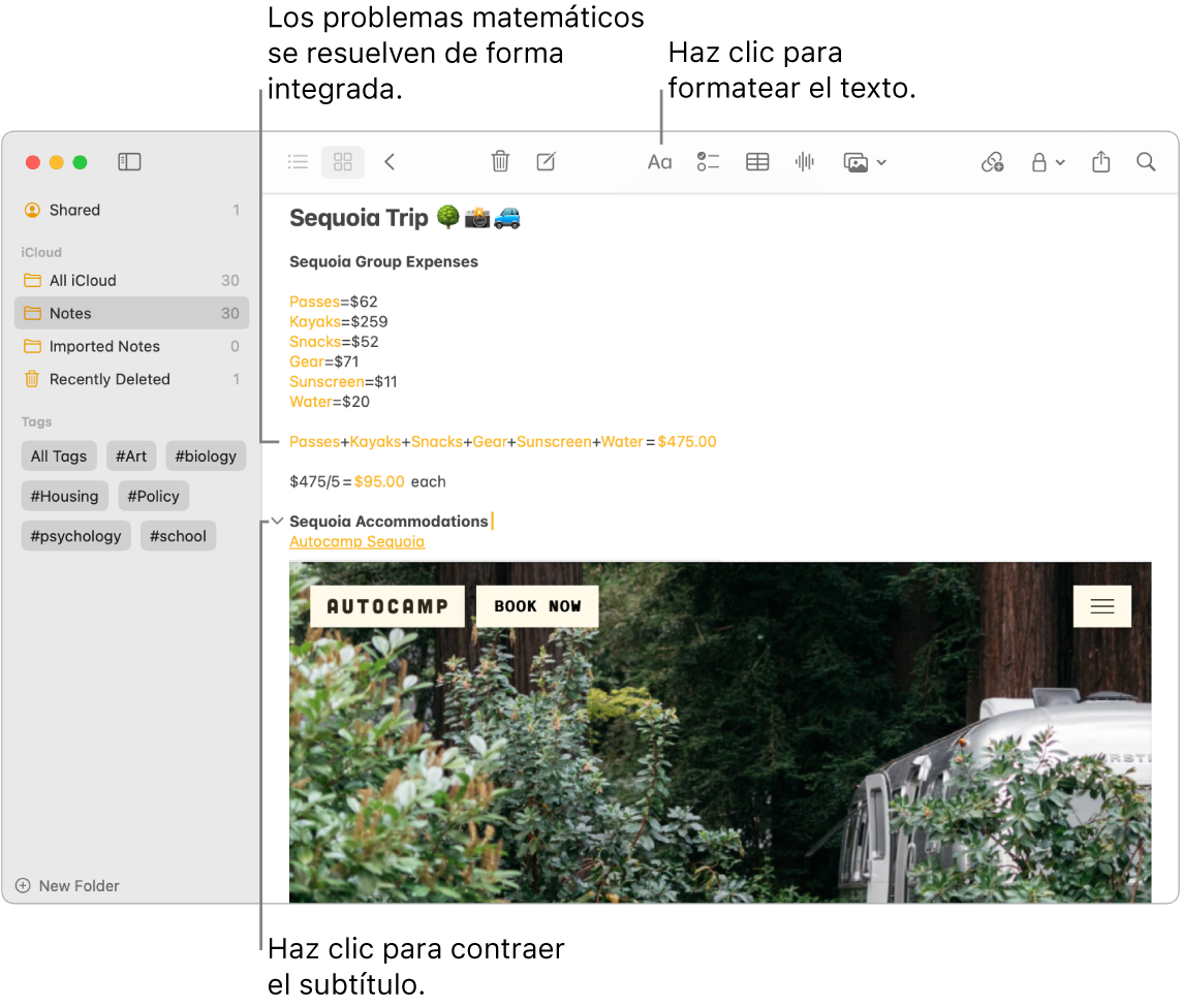 Una ventana de la app Notas muestra cálculos para los gastos del campamento Sequoia, un enlace de texto a un sitio web y una foto del alojamiento.