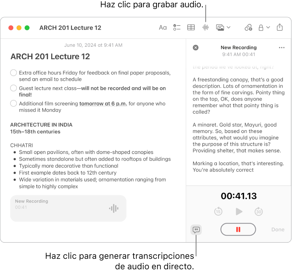 Una ventana de Notas muestra una nota con una lista de comprobación, una lista con viñetas y una grabación de audio. La pantalla “Detalles del audio” está abierta y muestra una transcripción de la grabación de audio.