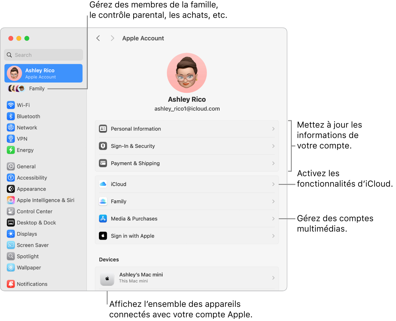 Réglages du compte Apple dans « Réglages Système » avec des légendes pour la mise à jour des informations du compte, l’activation ou la désactivation des fonctionnalités iCloud, la gestion des comptes multimédias, et Famille, où vous pouvez gérer les membres de votre famille, le contrôle parental, les achats, et plus encore.