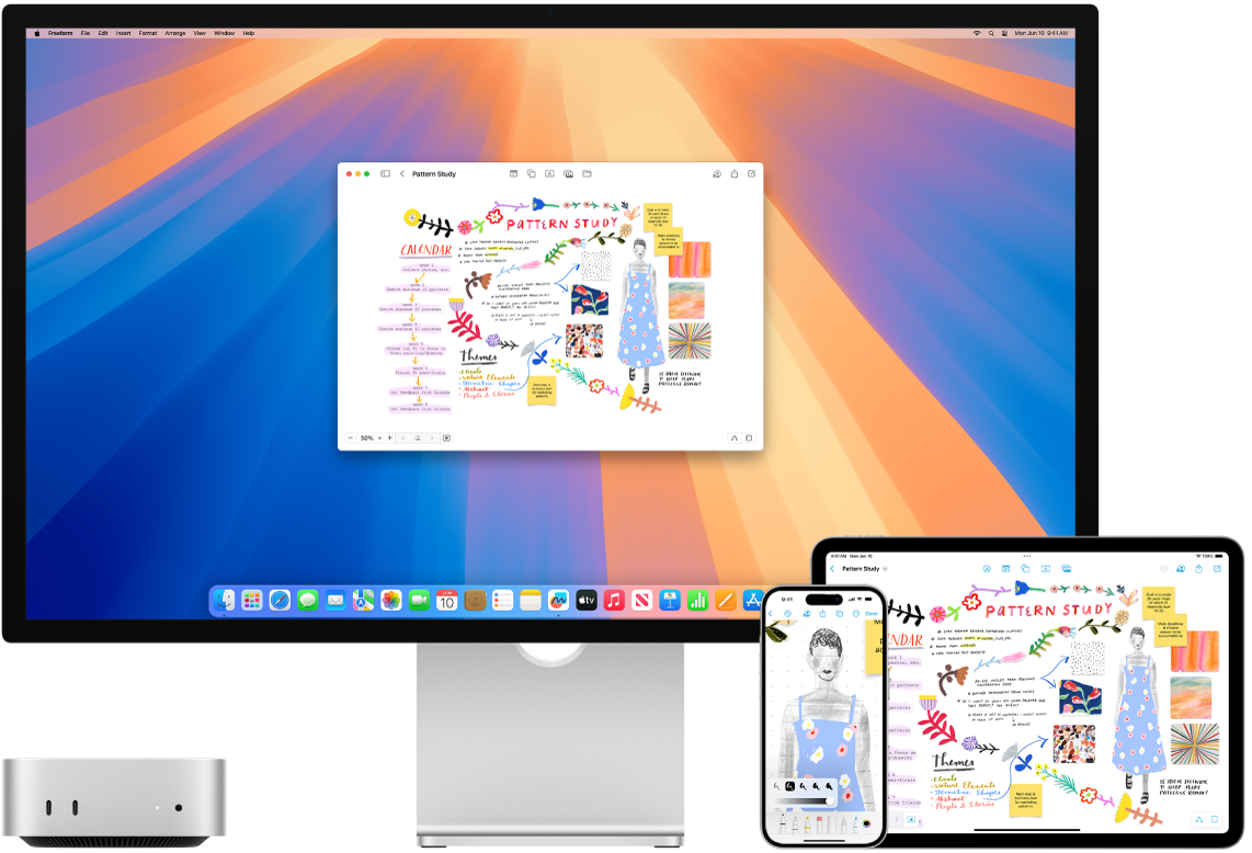 Mac, iPhone et iPad affichant le même tableau Freeform.