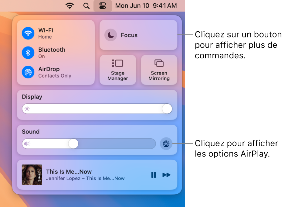 Vue agrandie du centre de contrôle sur votre Mac.