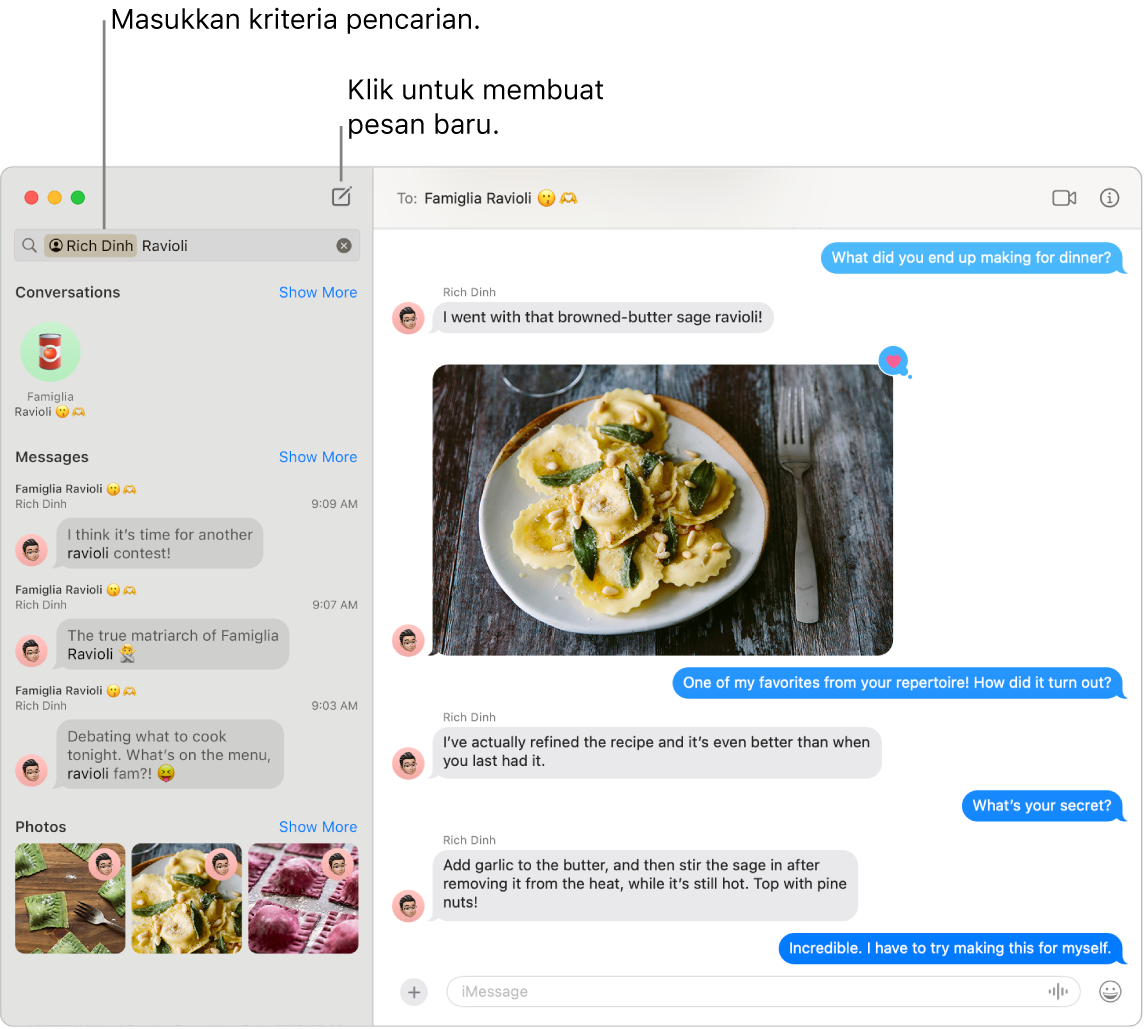 Jendela Pesan yang menampilkan hasil pencarian untuk kontak dan “ravioli” di sebelah kiri. Di sebelah kanan, percakapan dengan gambar ravioli.