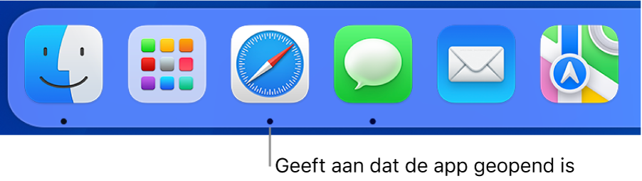 Een deel van het Dock met zwarte stippen onder geopende apps.