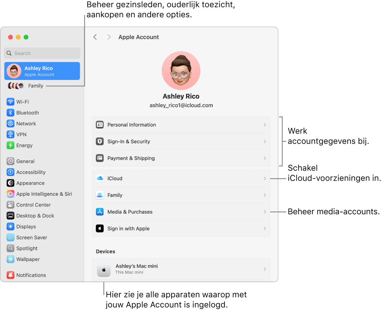 De instellingen voor 'Apple Account' in Systeeminstellingen, met bijschriften voor de opties waarmee je je accountgegevens bijwerkt, iCloud-voorzieningen in- of uitschakelt en media-accounts beheert. En de instellingen voor 'Gezin', waar je gezinsleden, ouderlijk toezicht, aankopen en andere opties beheert.