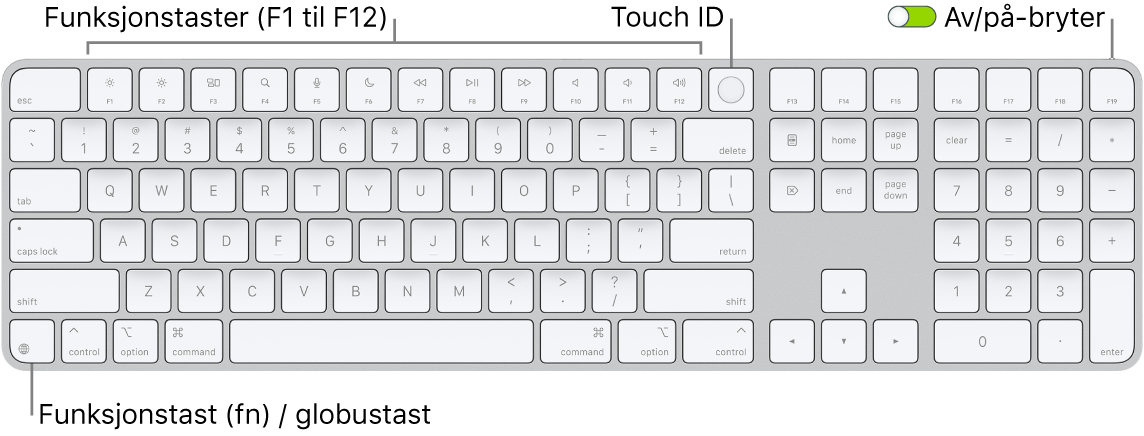 Magic Keyboard med Touch ID og talltastatur som viser raden med funksjonstaster og Touch ID øverst og funksjonstasten (Fn) / globustasten til høyre for slettetasten.