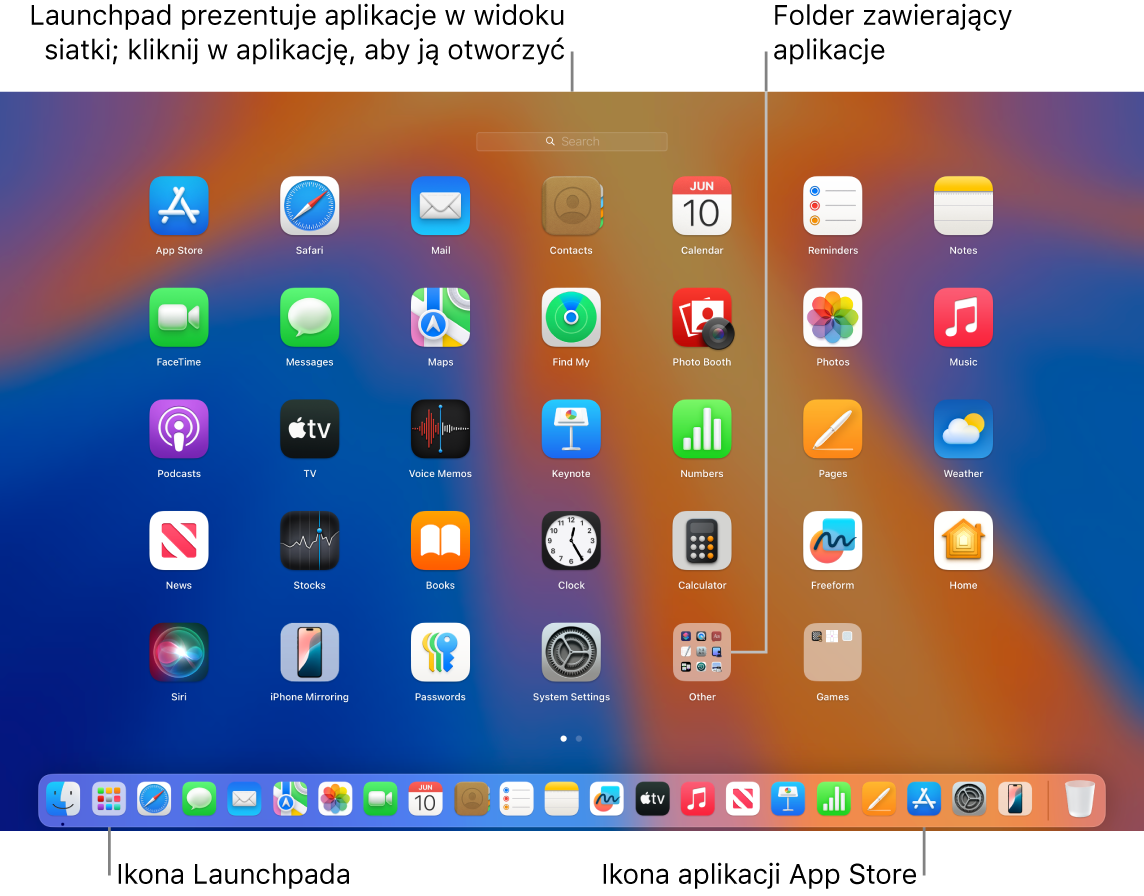 Ekran Maca z otwartym Launchpadem; folder aplikacji w Launchpadzie jest wyróżniony, a w Docku wyróżnione są również ikony Launchpada i App Store.
