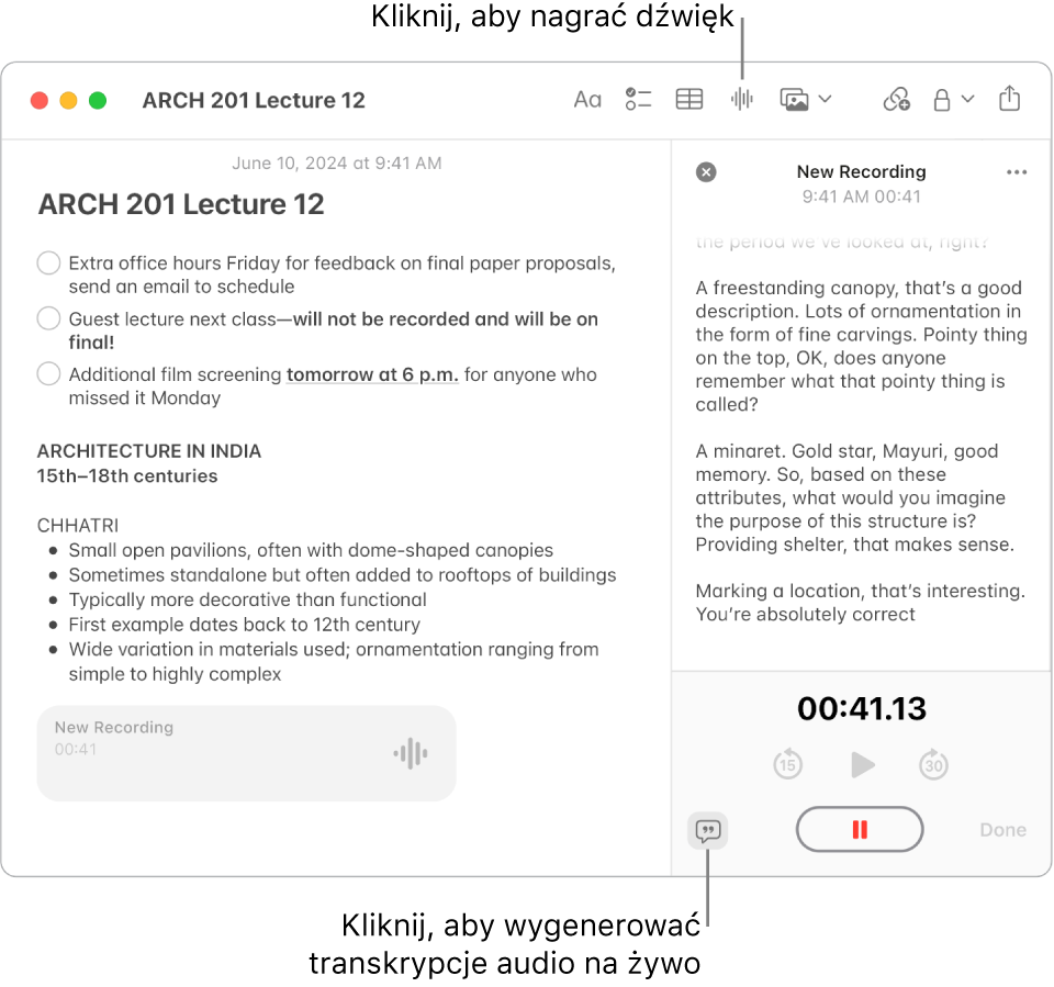 Okno aplikacji Notatki zawierające notatkę z listą kontrolną, listą punktorowaną i nagraniem audio. Otwarty zostanie ekran ze szczegółami audio, na którym wyświetlana będzie transkrypcja nagrania audio.