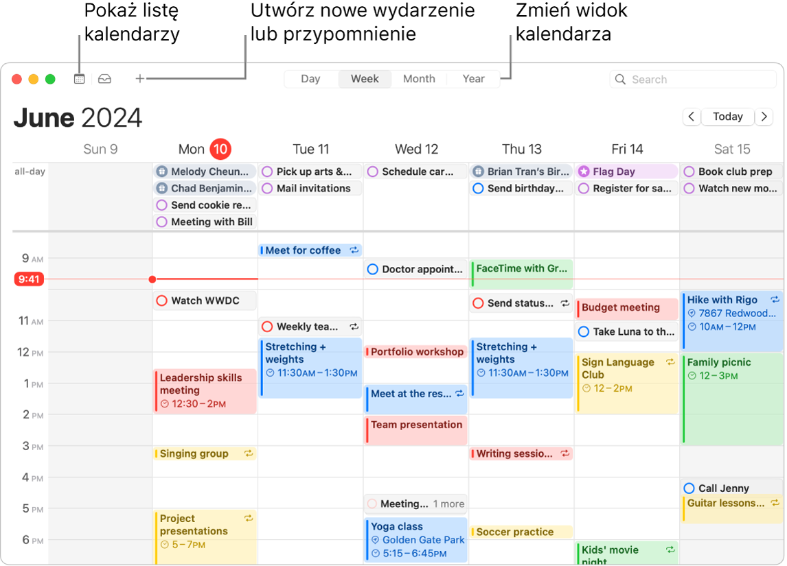 Okno aplikacji Kalendarz wyświetlające wszystkie wydarzenia i przypomnienia zaplanowane na dany tydzień. Strzałki wskazują przyciski, które wyświetlają listę kalendarzy, tworzą wydarzenie lub przypomnienie oraz zmieniają widok na dzień, tydzień, miesiąc lub rok.