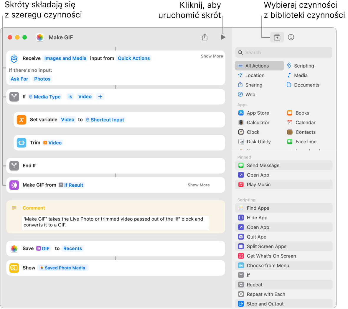 Edytor skrótu Utwórz obrazek GIF po lewej oraz biblioteka czynności po prawej.