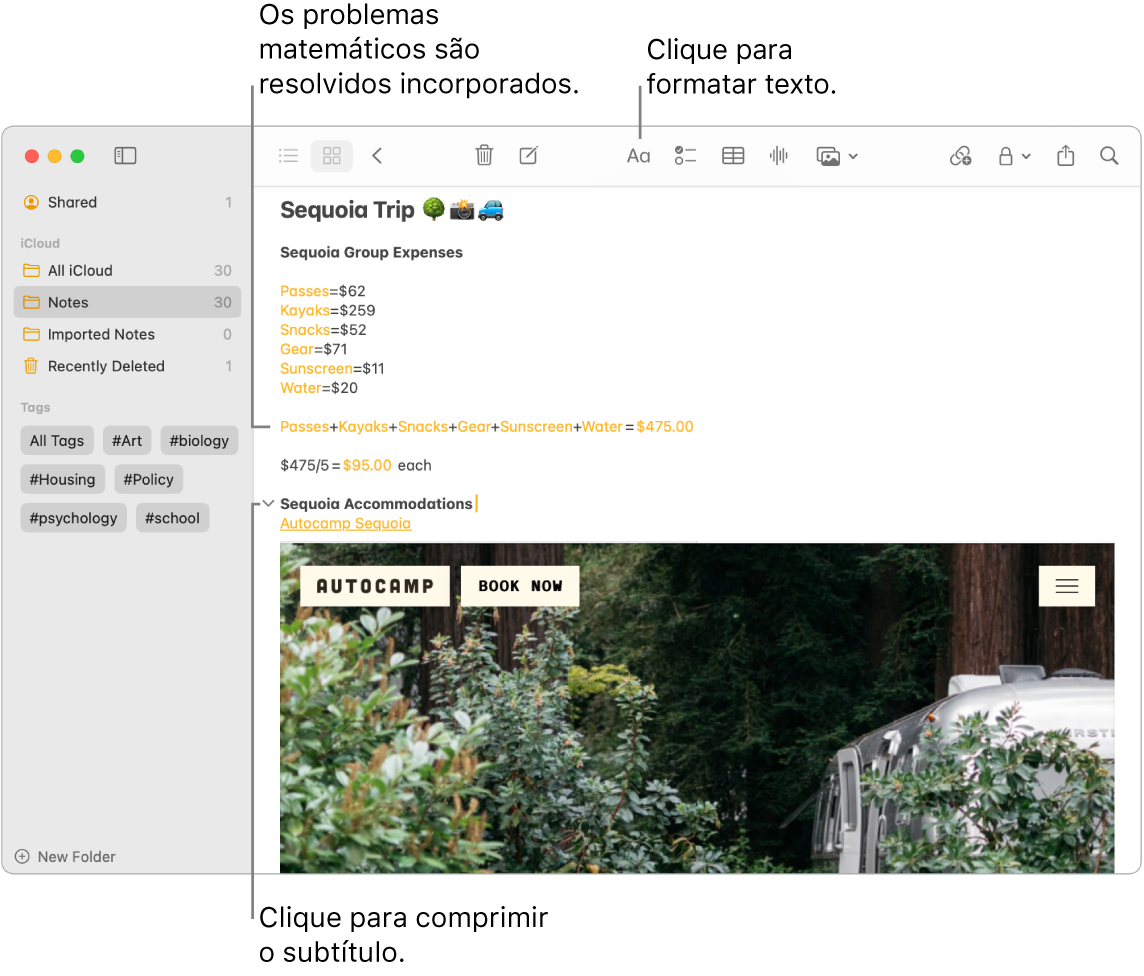 A aplicação Notas a mostrar cálculos para as despesas do Parque de Campismo de Sequoia, uma hiperligação de texto para um site e uma fotografia das instalações.