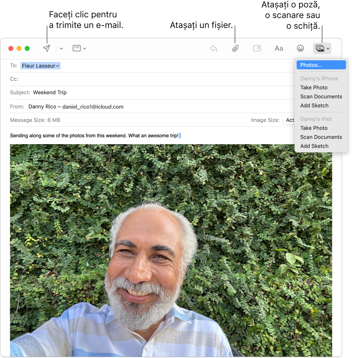 O fereastră Mail afișând un mesaj nou în curs de redactare. Meniul pop‑up afișează opțiunile pentru a atașa poze sau a face o poză, a scana un document sau a adăuga o schiță de pe iPhone‑ul sau iPad‑ul lui Daniel.