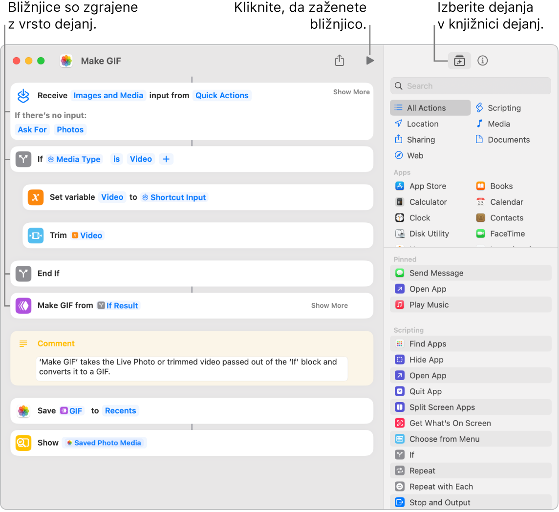 Urejevalnik bližnjic Make GIF na levi in knjižnica dejanj na desni strani.