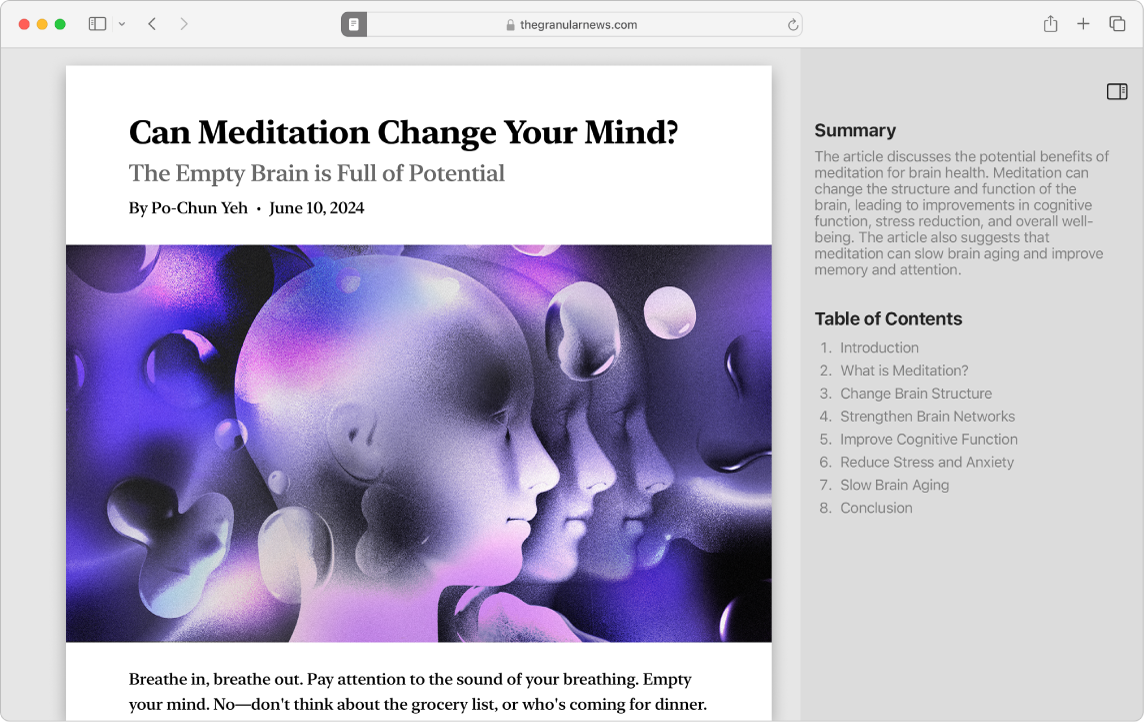 หน้าต่างแอป Safari ที่แสดงตัวอ่านหน้าเว็บของ Safari ที่อัปเดต ทางขวาของบทความคือสารบัญที่สร้างโดยตัวอ่านและข้อมูลสรุปของบทความ