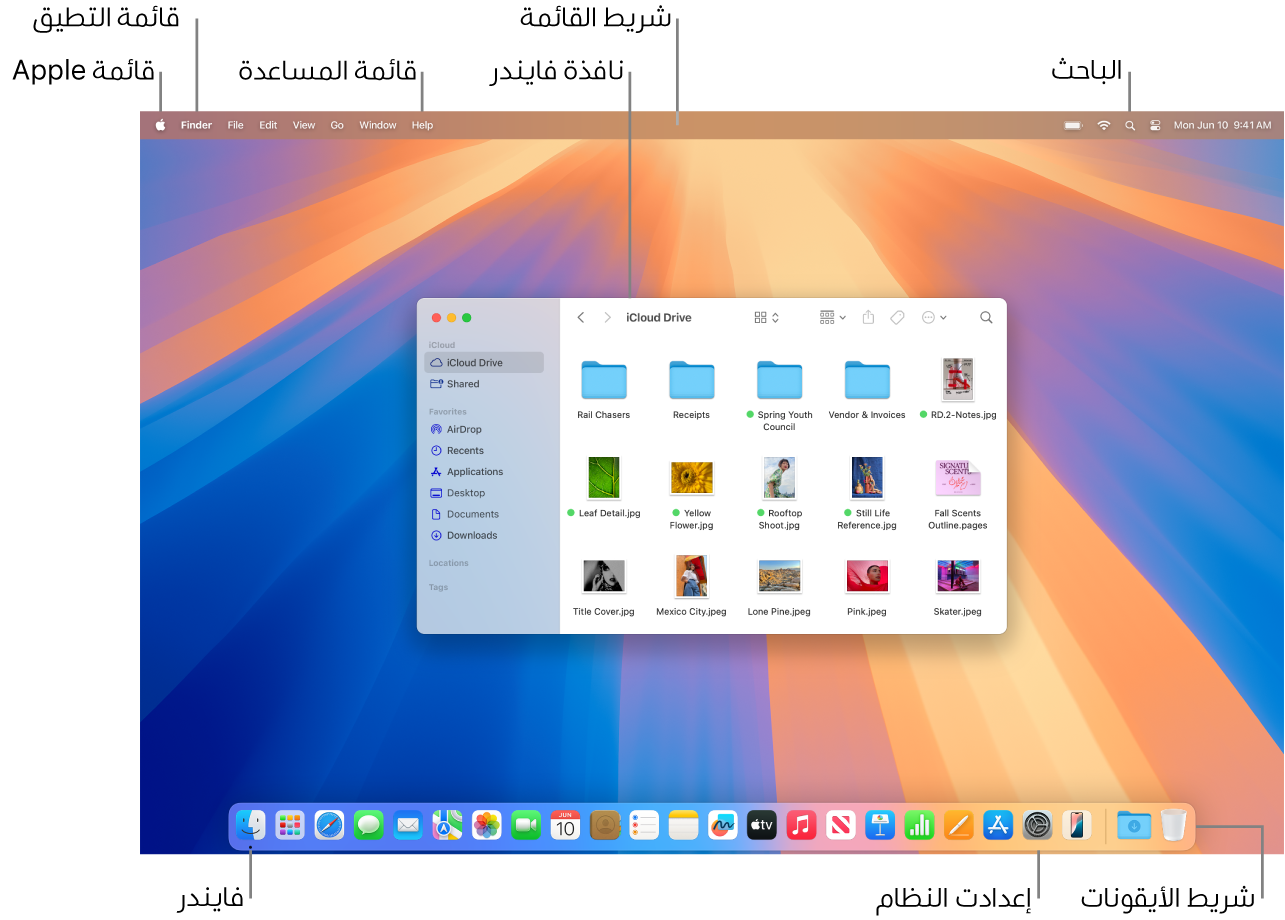 شاشة Mac تعرض قائمة Apple وقائمة التطبيق وقائمة المساعدة ونافذة فايندر وشريط القائمة وأيقونة الباحث وأيقونة فايندر وأيقونة إعدادات النظام وشريط الأيقونات.
