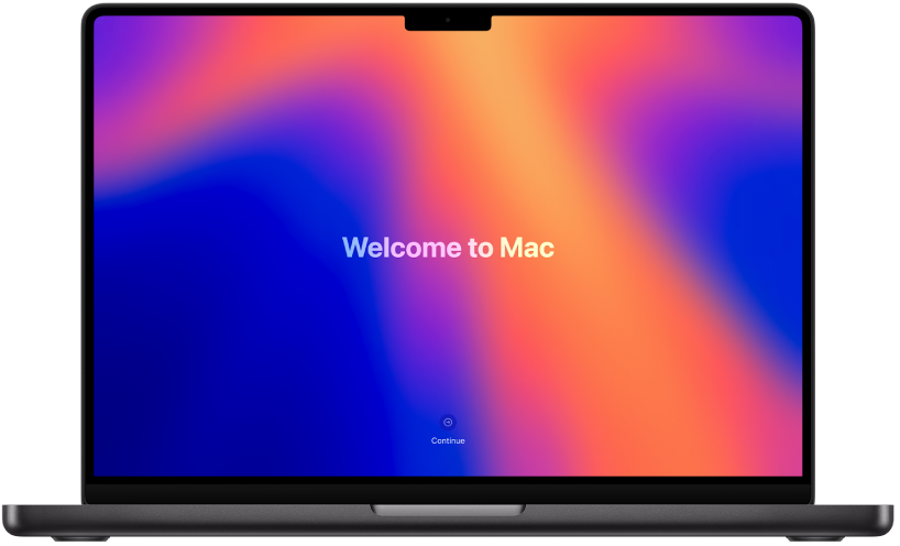 Отворен MacBook Pro с думата „hello“ („здравейте“) и бутон, на който пише „Get Started“ („Започнете“), на екрана.