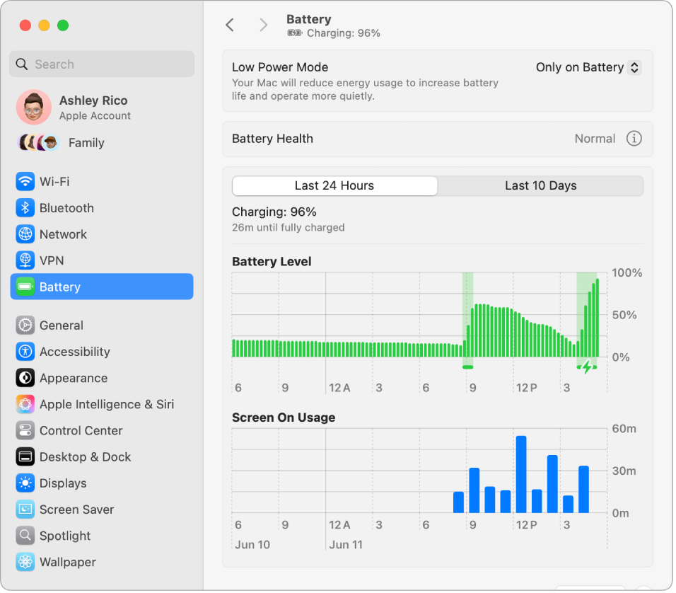 Прозорец Battery Settings (Настройки на батерия), който показва Energy Usage (Използване на енергия) през последните 10 дни. Прозорецът също показва нормално състояние на Battery Health (Състояние на батерията) и има опция за включване на Low Power Mode (Режим Пестене на енергия).