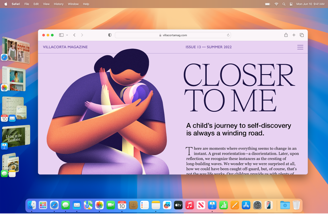 Obrazovka s oknem Safari uprostřed a dalšími otevřenými aplikacemi rozmístěnými po levé straně pomocí Stage Manageru